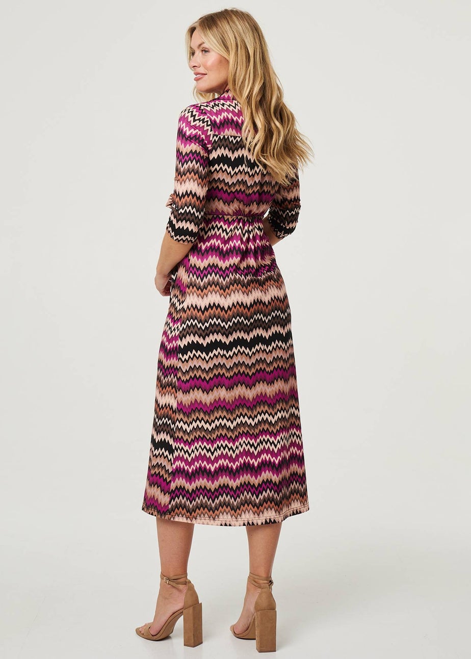 Izabel London Purple Chevron Print Tie Waist Midi Shirt Dress