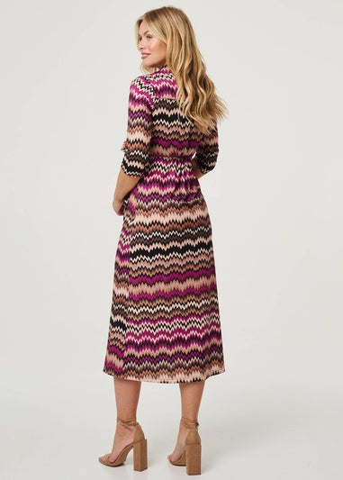 Izabel London Purple Chevron Print Tie Waist Midi Shirt Dress