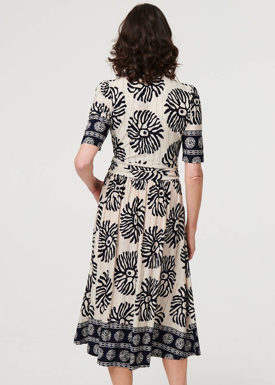 Izabel London Navy Border Print Ruched V-Neck Midi Dress