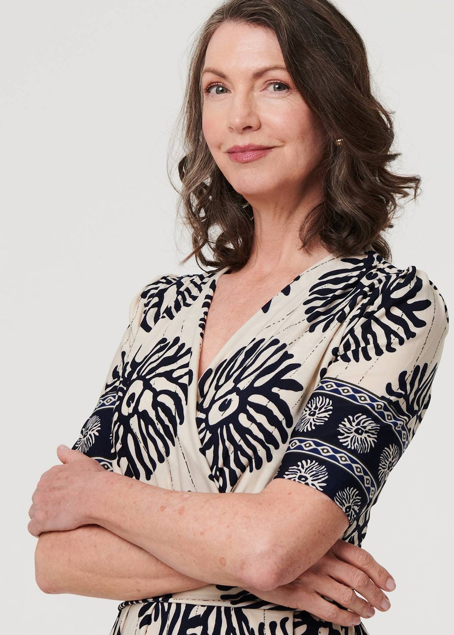 Izabel London Navy Border Print Ruched V-Neck Midi Dress