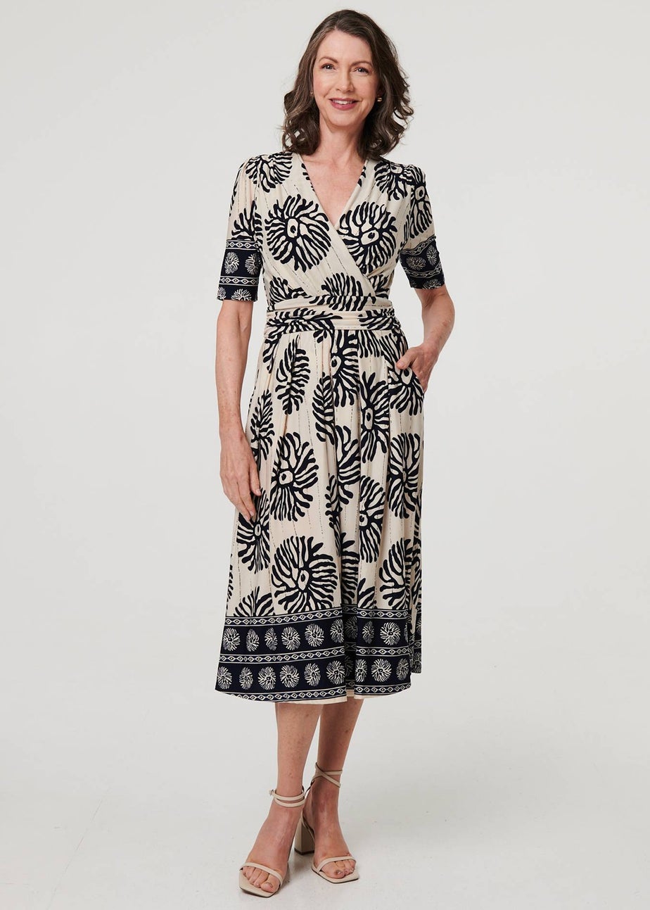 Izabel London Navy Border Print Ruched V-Neck Midi Dress