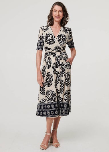Izabel London Navy Border Print Ruched V-Neck Midi Dress