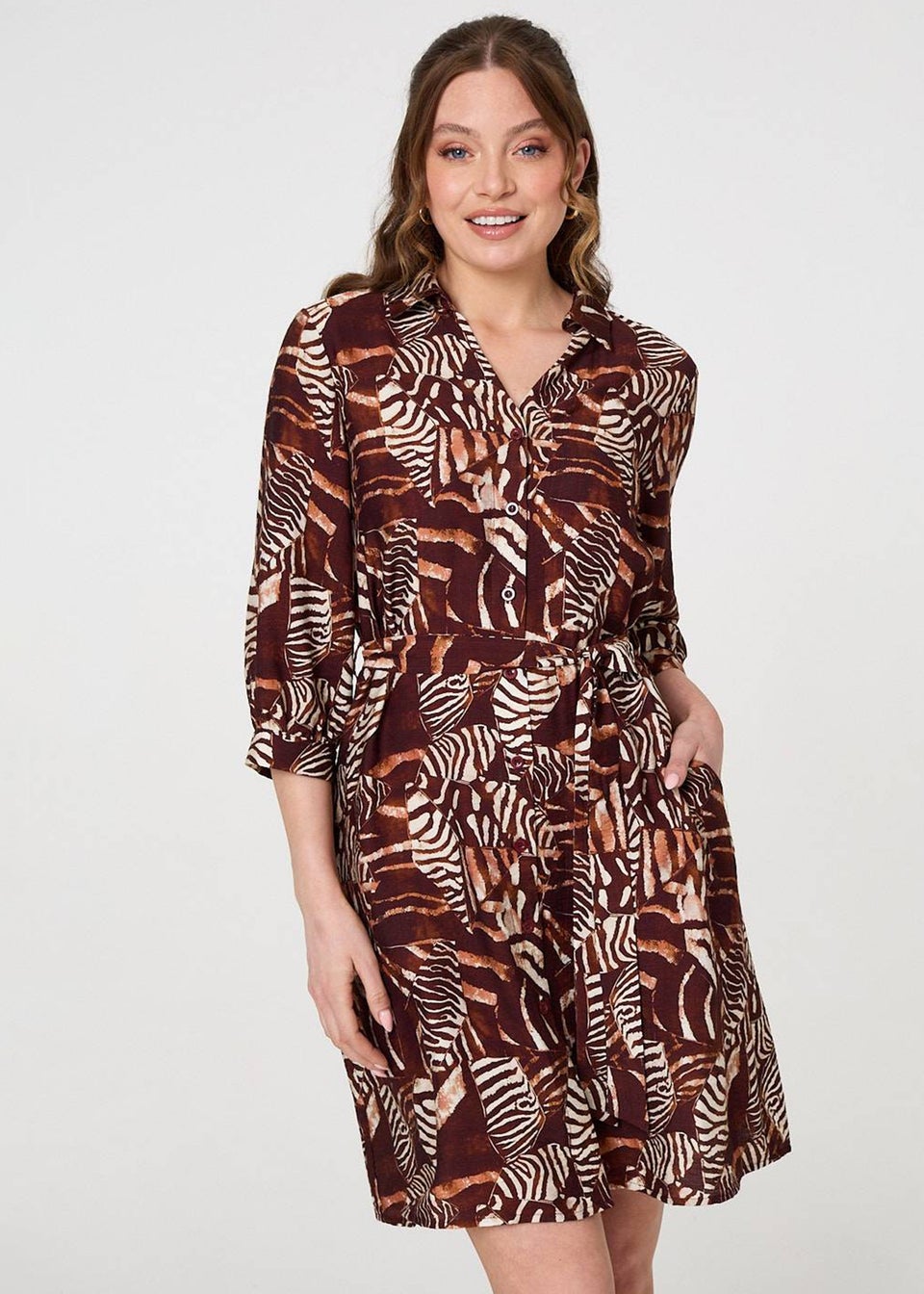 Izabel London Brown Animal Print Tie Waist Shirt Short Dress