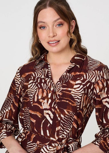 Izabel London Brown Animal Print Tie Waist Shirt Short Dress