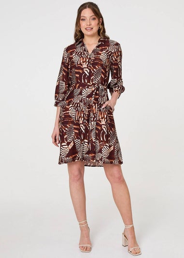 Izabel London Brown Animal Print Tie Waist Shirt Short Dress