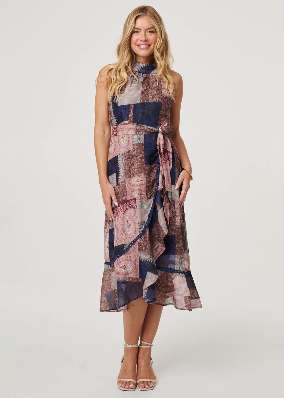 Izabel London Navy Patchwork Sleeveless Midi Wrap Dress