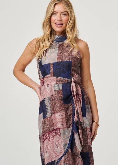 Izabel London Navy Patchwork Sleeveless Midi Wrap Dress