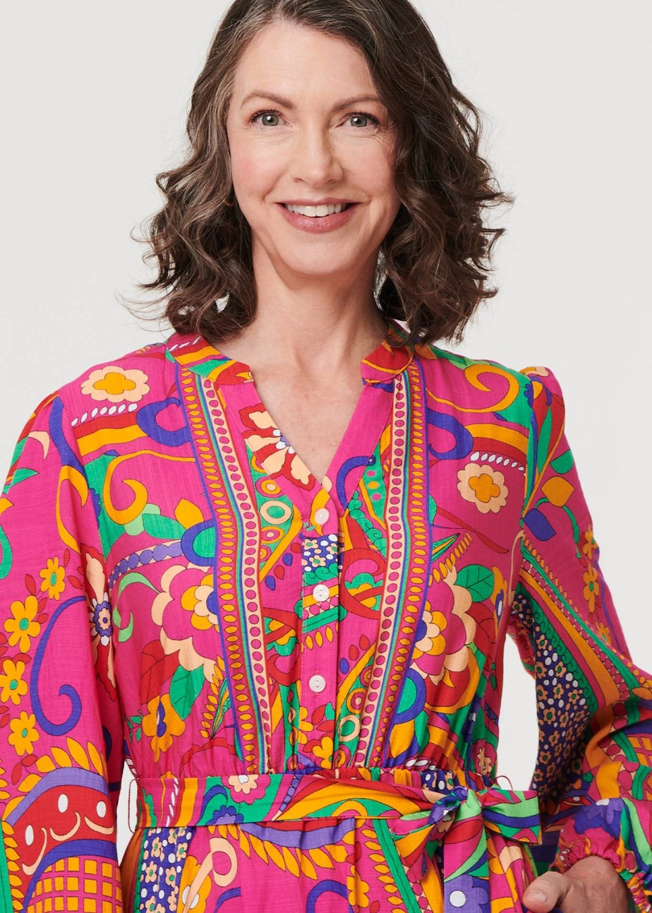 Izabel London Pink Printed Tie Waist Tiered Short Dress