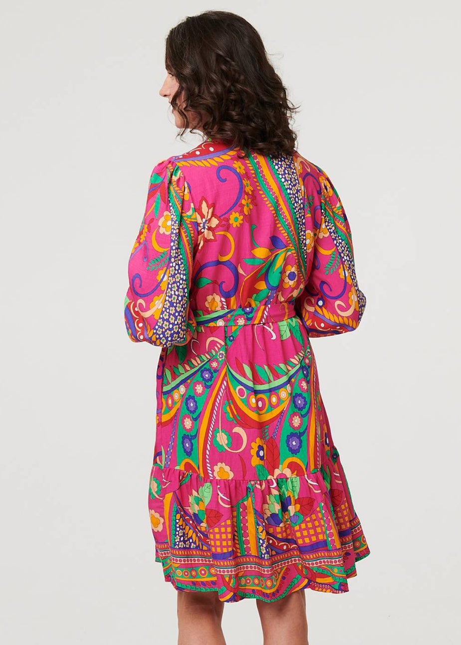 Izabel London Pink Printed Tie Waist Tiered Short Dress