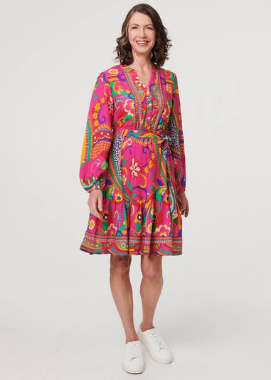 Izabel London Pink Printed Tie Waist Tiered Short Dress