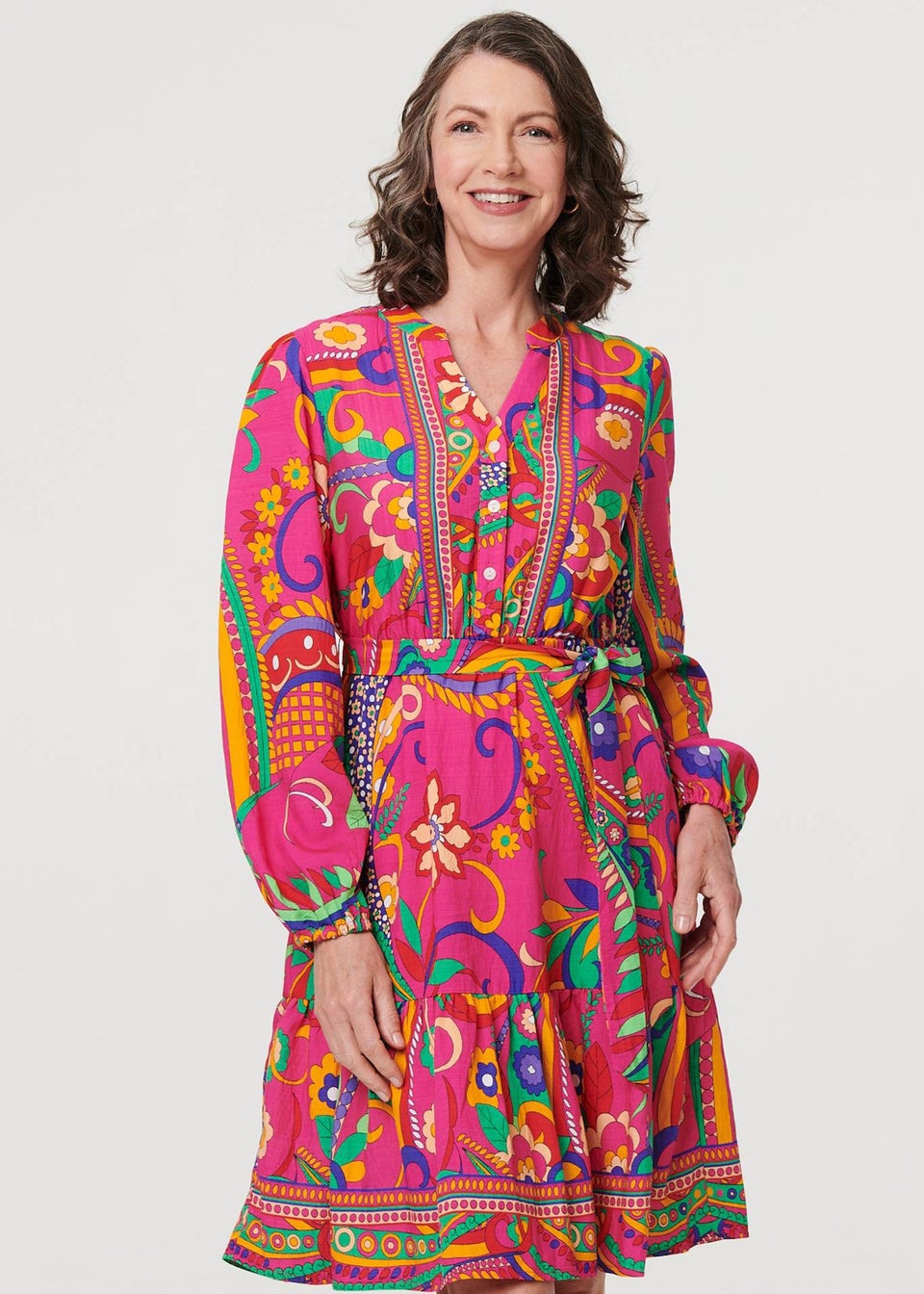 Izabel London Pink Printed Tie Waist Tiered Short Dress