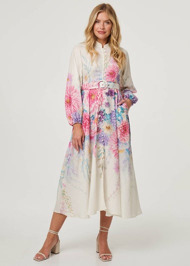 Izabel London Cream Border Print Belt Detail Midi Dress