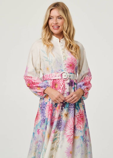 Izabel London Cream Border Print Belt Detail Midi Dress