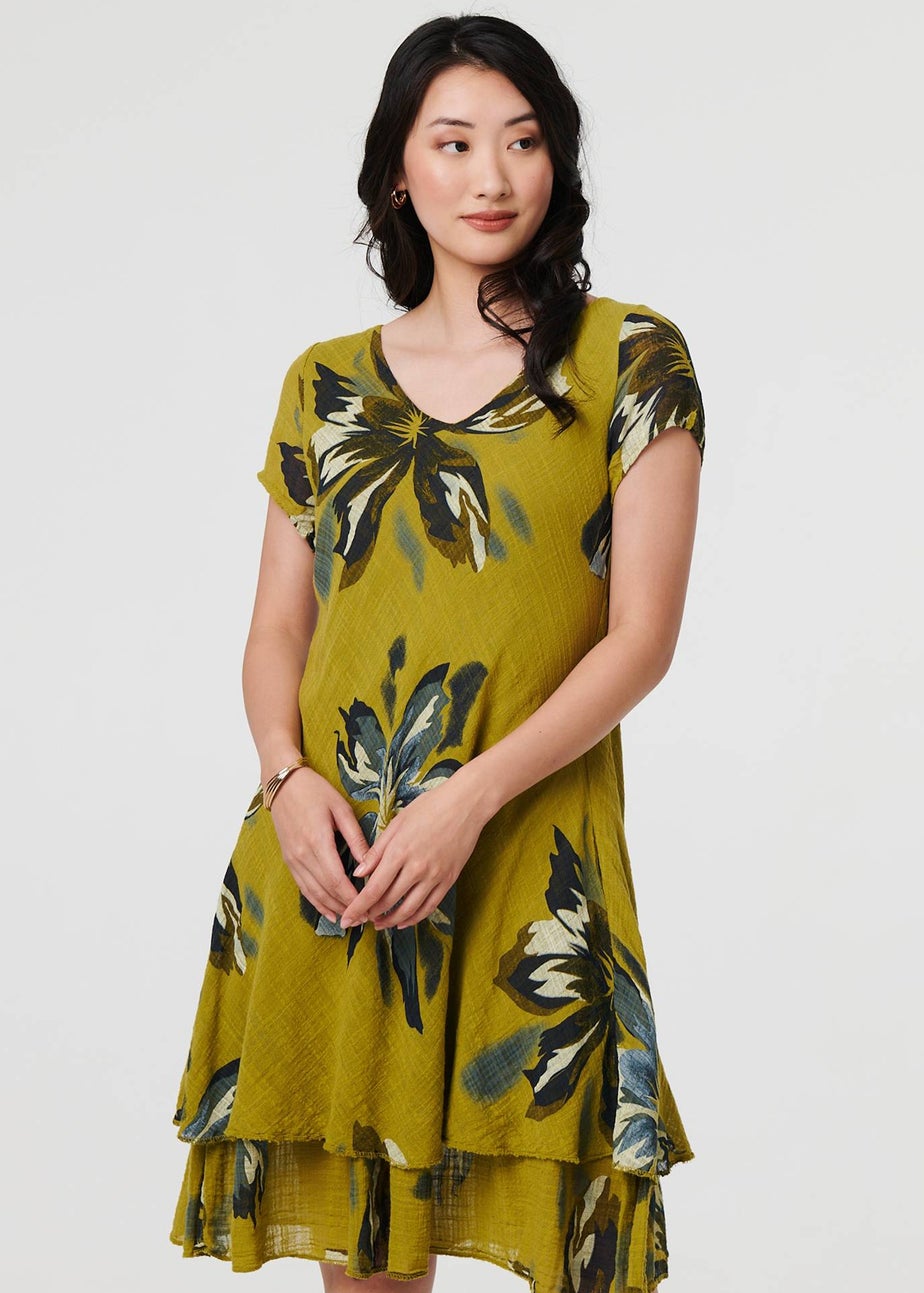 Izabel London Green Floral Short Sleeve Knee Length Dress