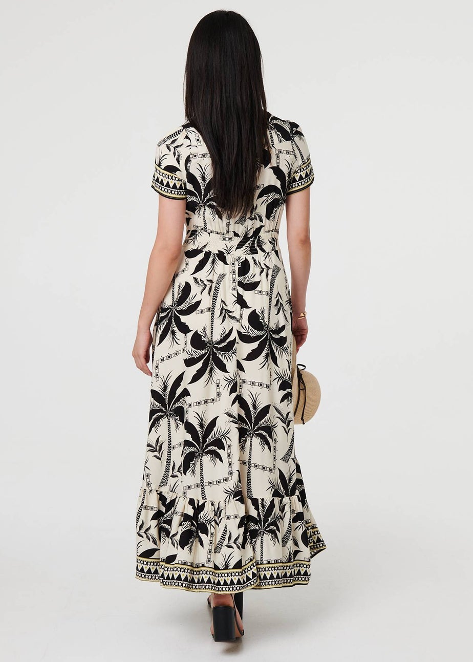 Izabel London Black Leaf Print Short Sleeve Maxi Smock Dress