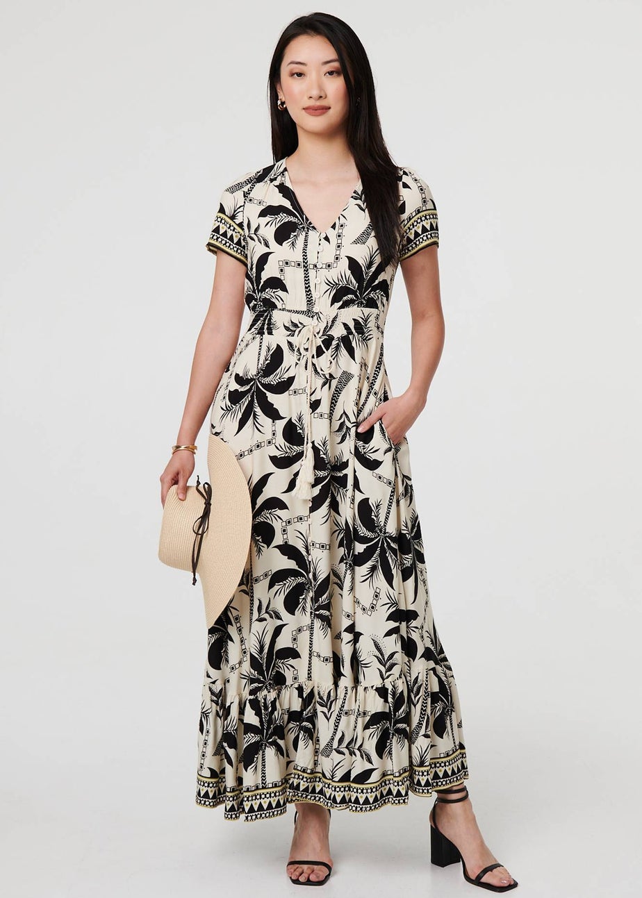 Izabel London Black Leaf Print Short Sleeve Maxi Smock Dress