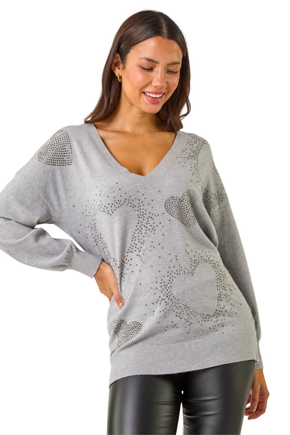 Roman Light Grey V-Neck Heart Hotfix Detail Jumper