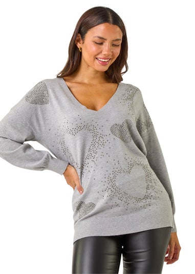 Roman Light Grey V-Neck Heart Hotfix Detail Jumper