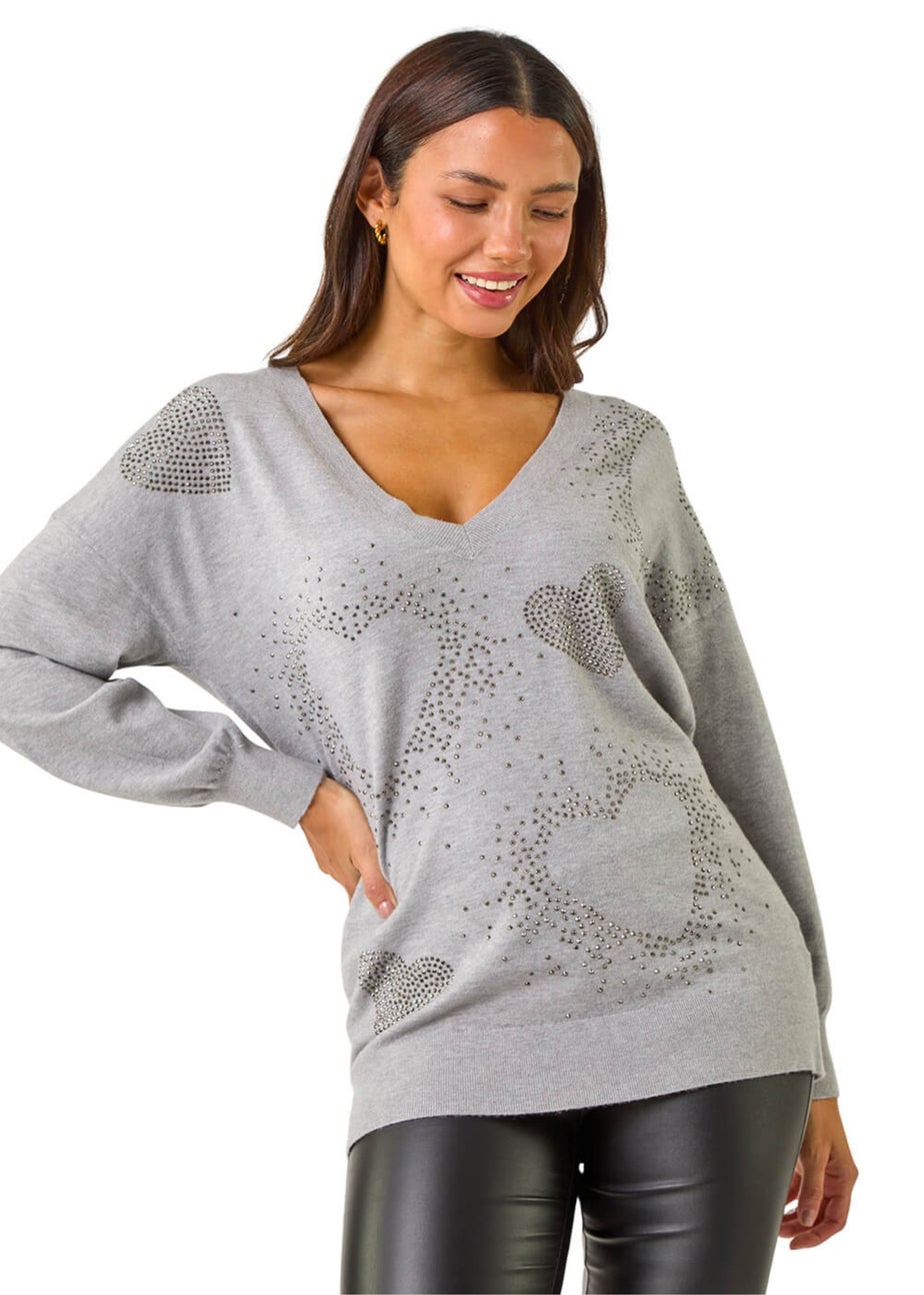 Roman Light Grey V-Neck Heart Hotfix Detail Jumper