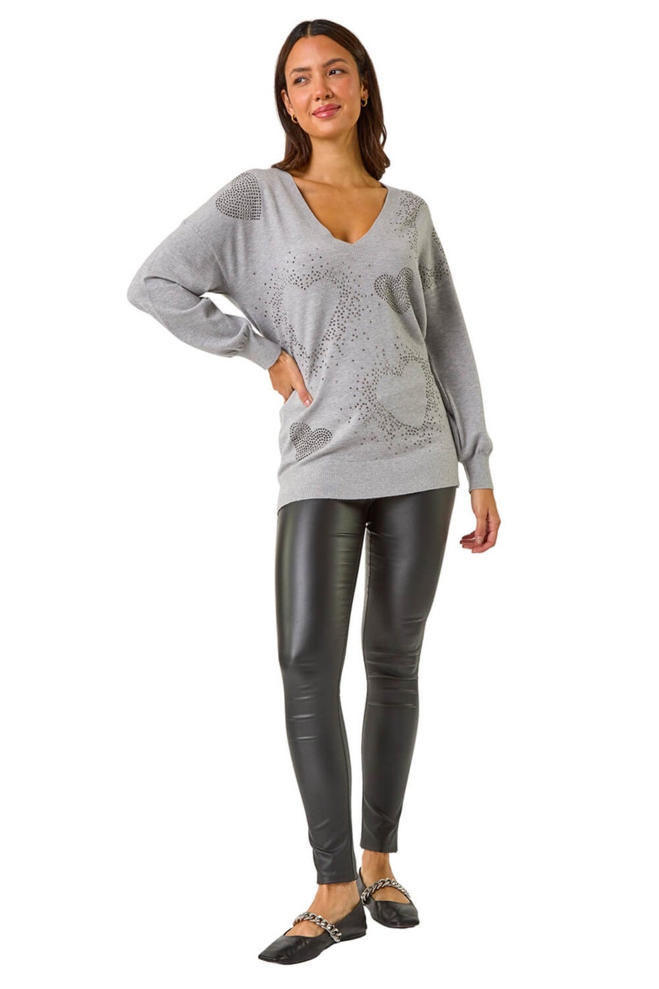 Roman Light Grey V-Neck Heart Hotfix Detail Jumper