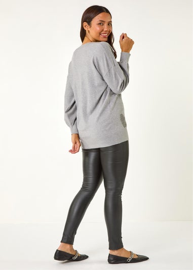 Roman Light Grey V-Neck Heart Hotfix Detail Jumper
