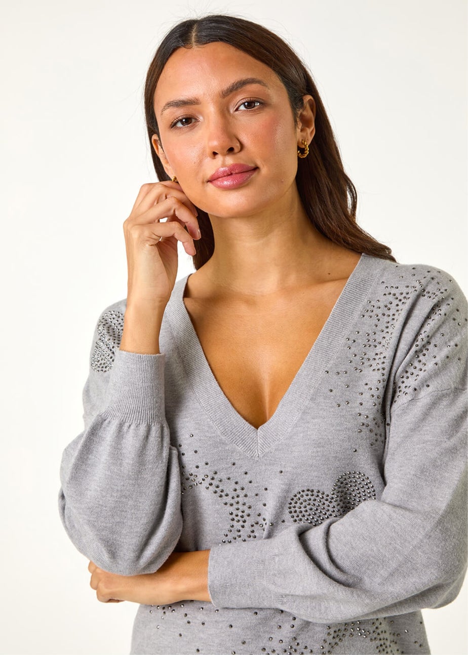 Roman Light Grey V-Neck Heart Hotfix Detail Jumper