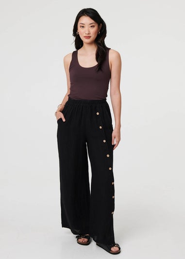 Izabel London Black Button Detail Wide High Waist Trousers