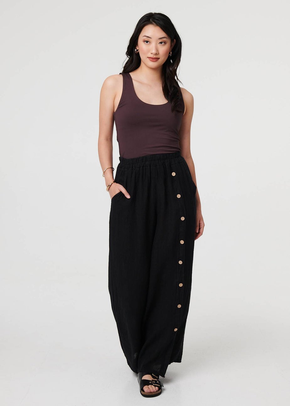 Izabel London Black Button Detail Wide High Waist Trousers