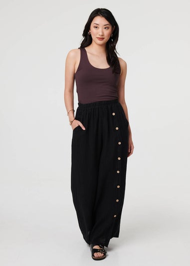 Izabel London Black Button Detail Wide High Waist Trousers