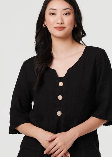 Izabel London Black Button Detail 3/4 Sleeve Relaxed Blouse