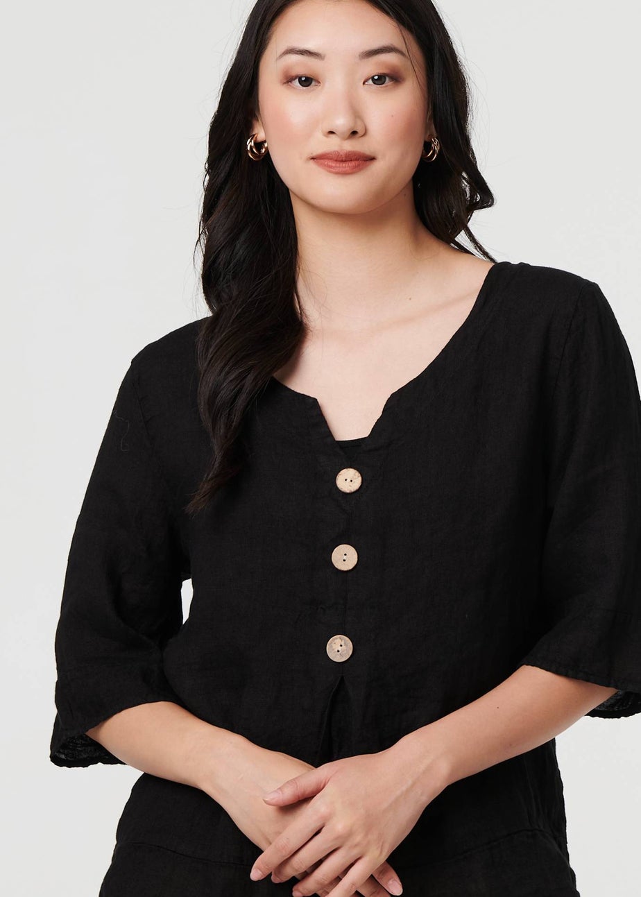 Izabel London Black Button Detail 3/4 Sleeve Relaxed Blouse