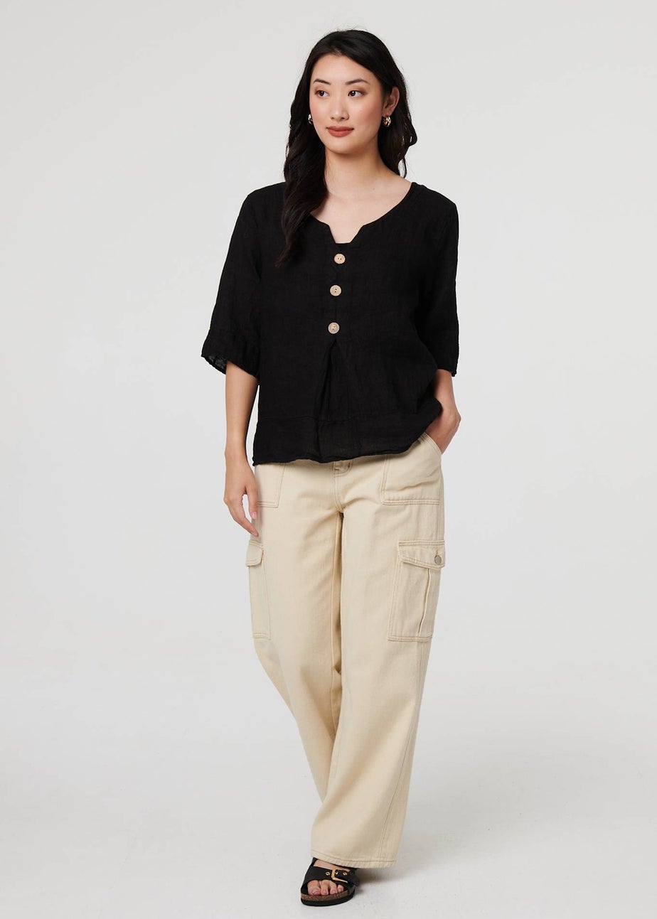 Izabel London Black Button Detail 3/4 Sleeve Relaxed Blouse