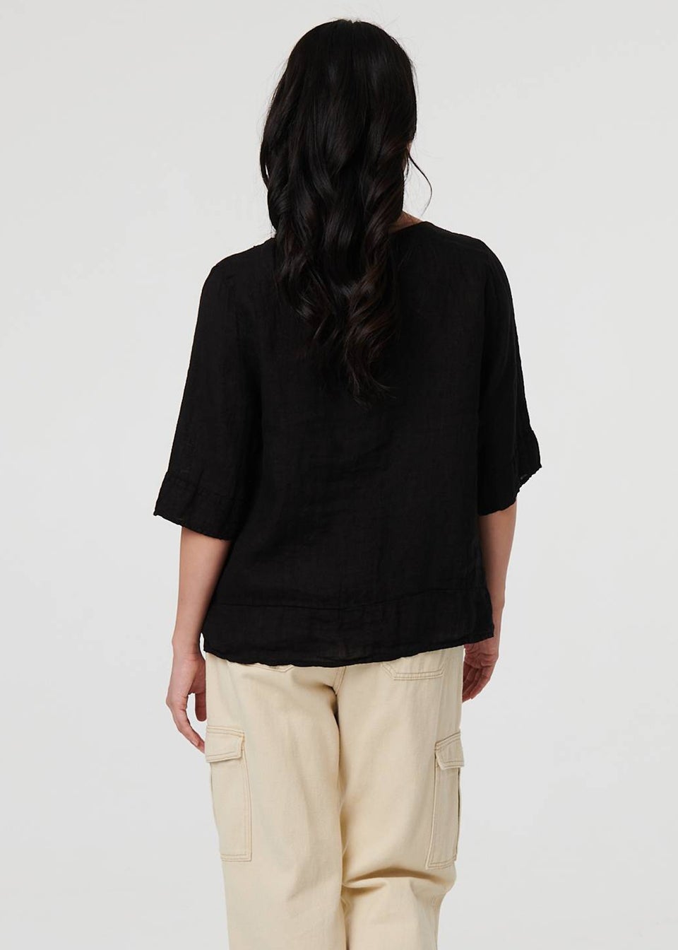 Izabel London Black Button Detail 3/4 Sleeve Relaxed Blouse