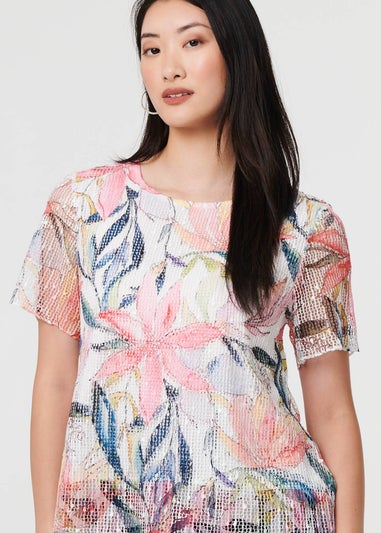Izabel London Pink Floral Short Sleeve Mesh Layered Top