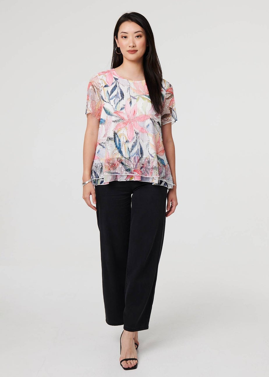 Izabel London Pink Floral Short Sleeve Mesh Layered Top