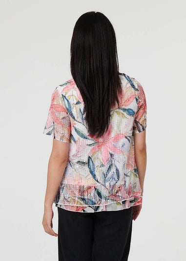 Izabel London Pink Floral Short Sleeve Mesh Layered Top