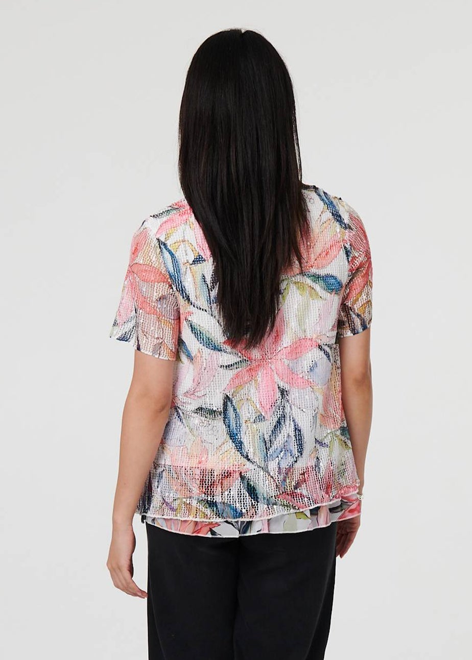 Izabel London Pink Floral Short Sleeve Mesh Layered Top