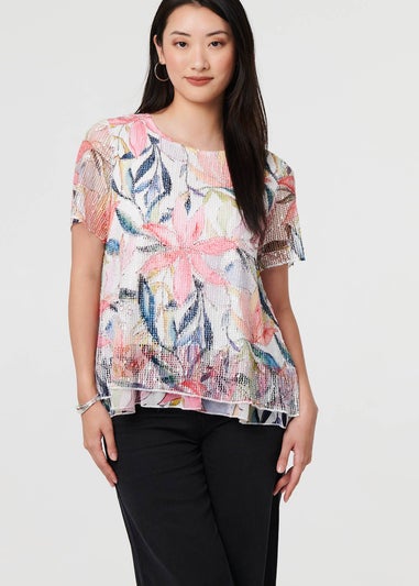 Izabel London Pink Floral Short Sleeve Mesh Layered Top