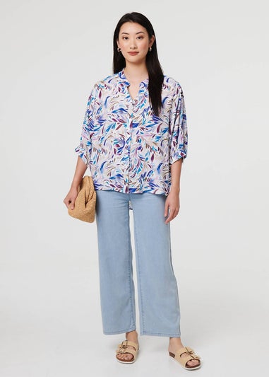 Izabel London Blue Abstract Curve Hem 3/4 Sleeve Shirt