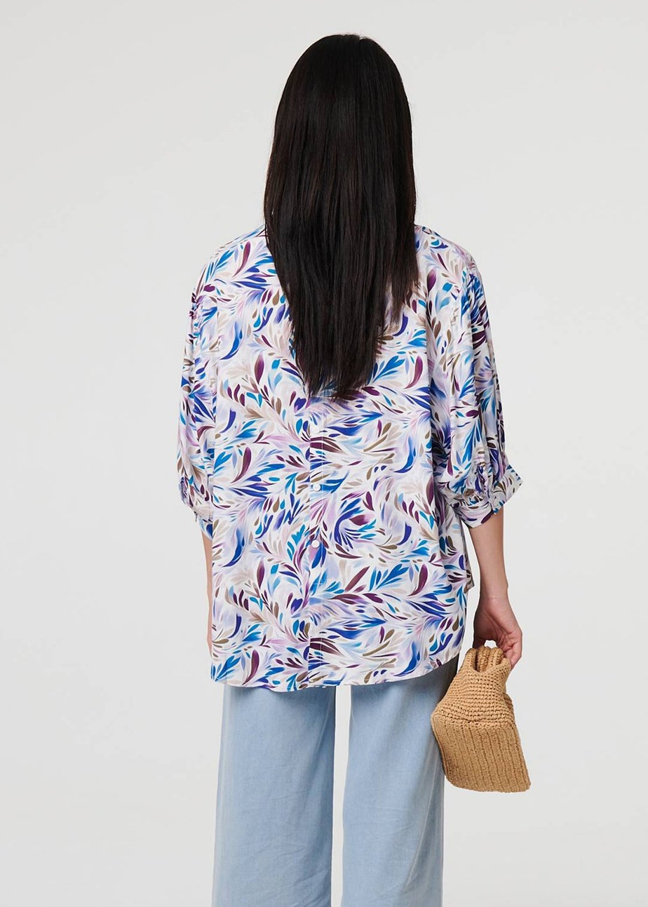 Izabel London Blue Abstract Curve Hem 3/4 Sleeve Shirt