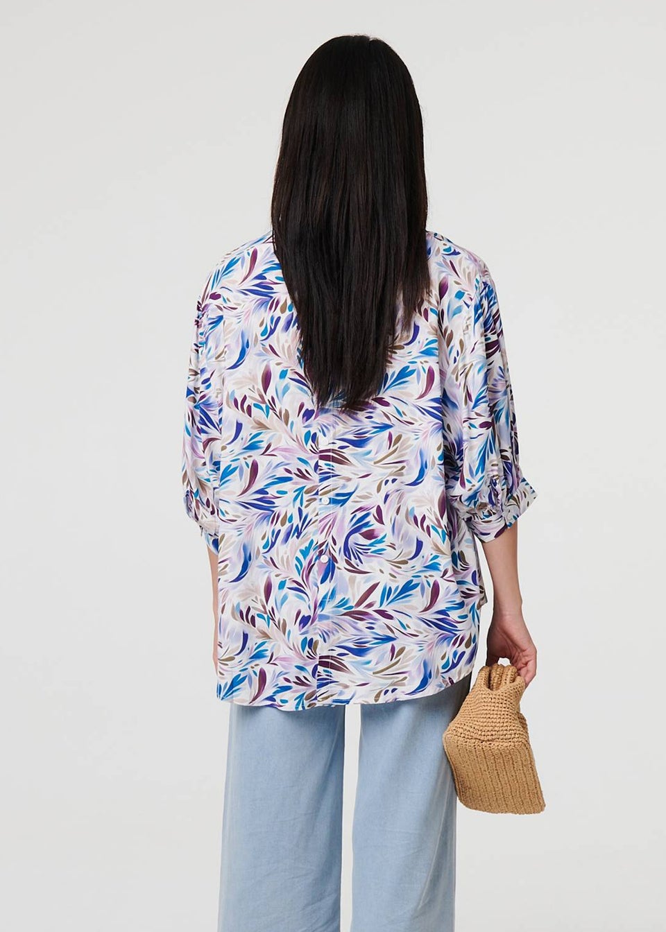 Izabel London Blue Abstract Curve Hem 3/4 Sleeve Shirt