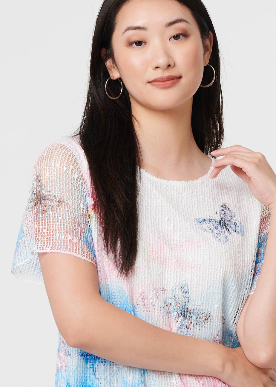 Izabel London Pink Butterfly Print Mesh Layered Top
