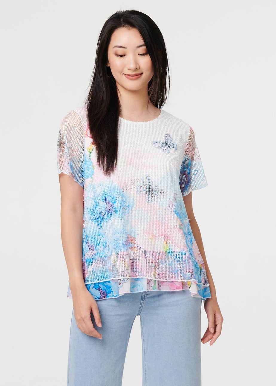 Izabel London Pink Butterfly Print Mesh Layered Top