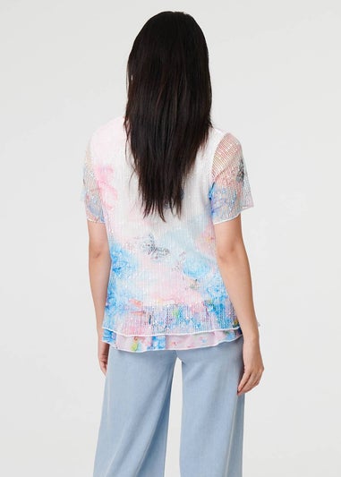 Izabel London Pink Butterfly Print Mesh Layered Top