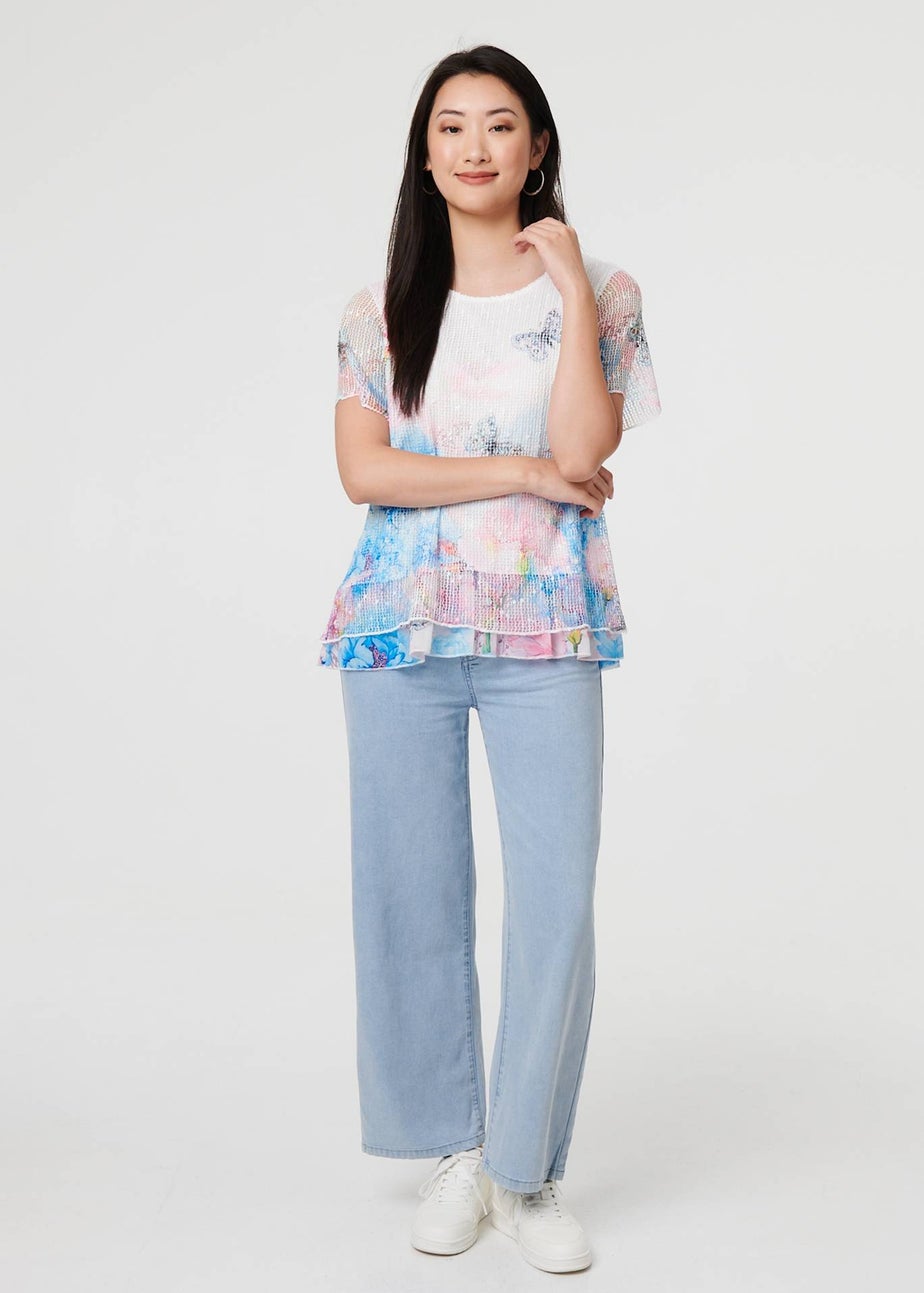 Izabel London Pink Butterfly Print Mesh Layered Top