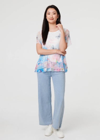 Izabel London Pink Butterfly Print Mesh Layered Top