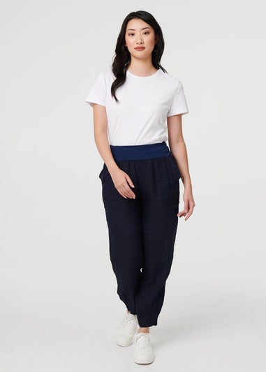 Izabel London Navy Relaxed Linen Tapered Trousers