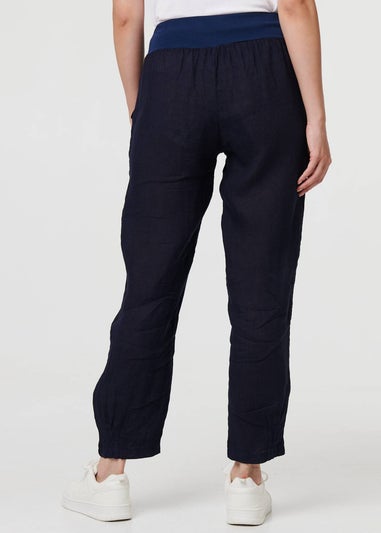 Izabel London Navy Relaxed Linen Tapered Trousers