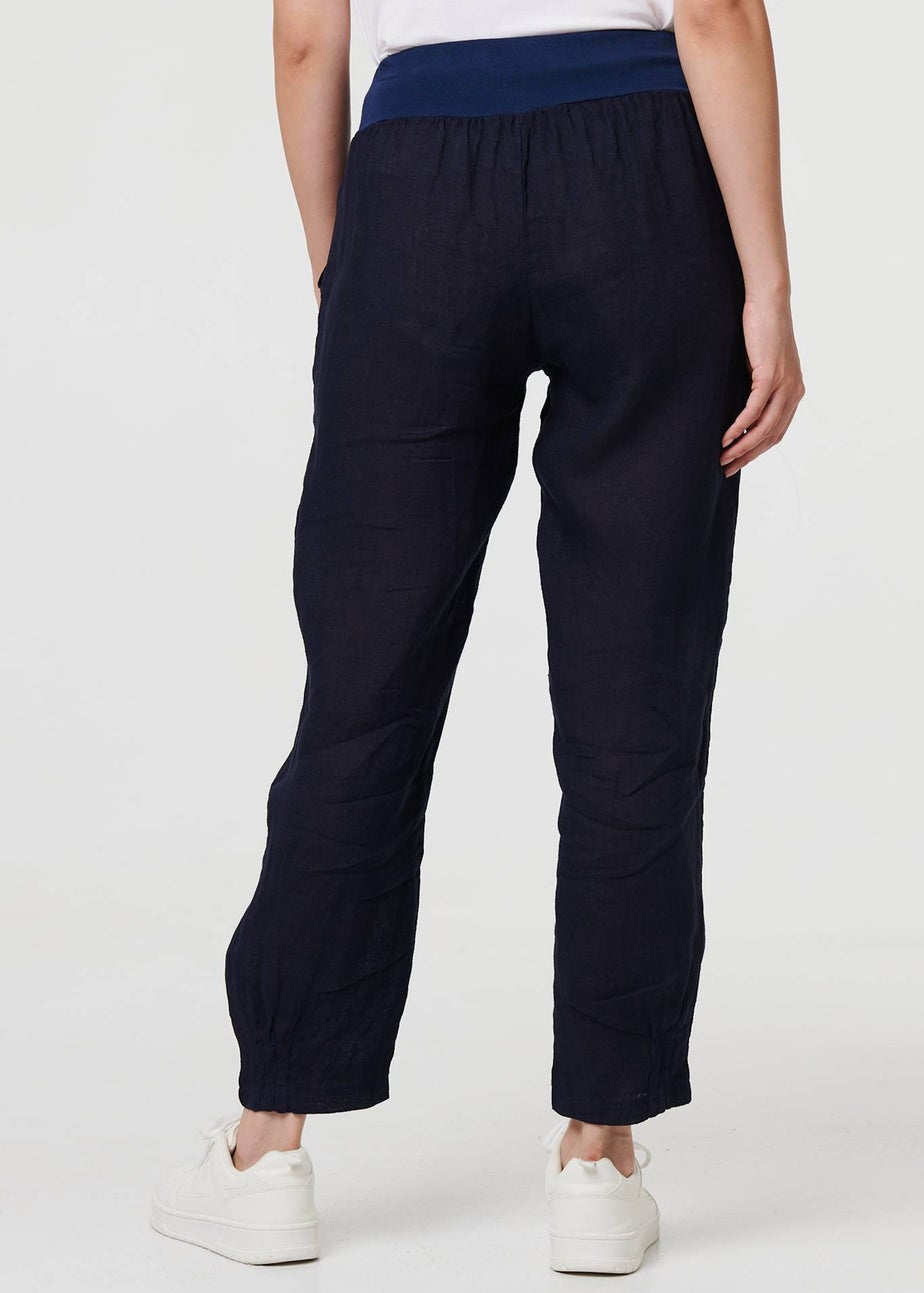Izabel London Navy Relaxed Linen Tapered Trousers