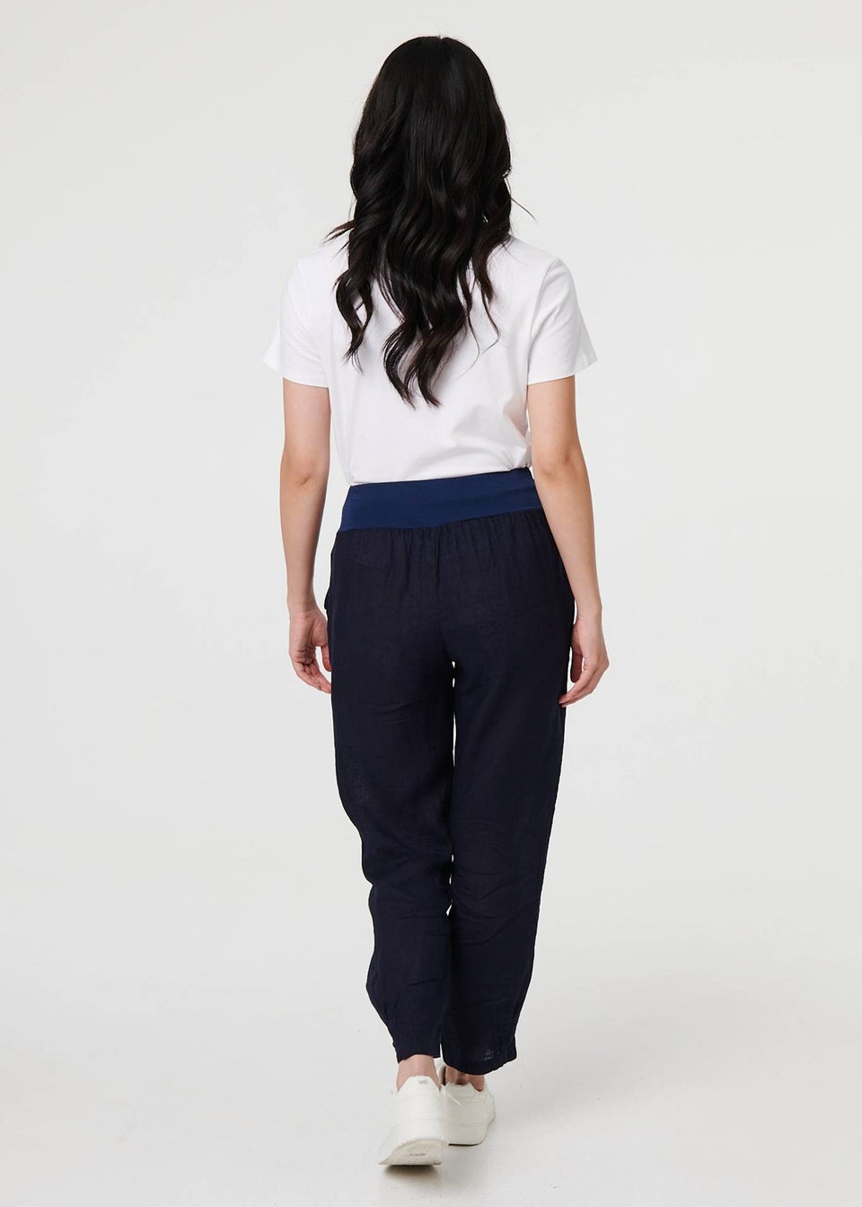 Izabel London Navy Relaxed Linen Tapered Trousers